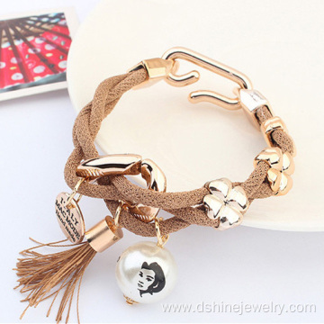 Gold Charm Mesh Rope Wrap Tassel Bracelet With Pearl Pendant